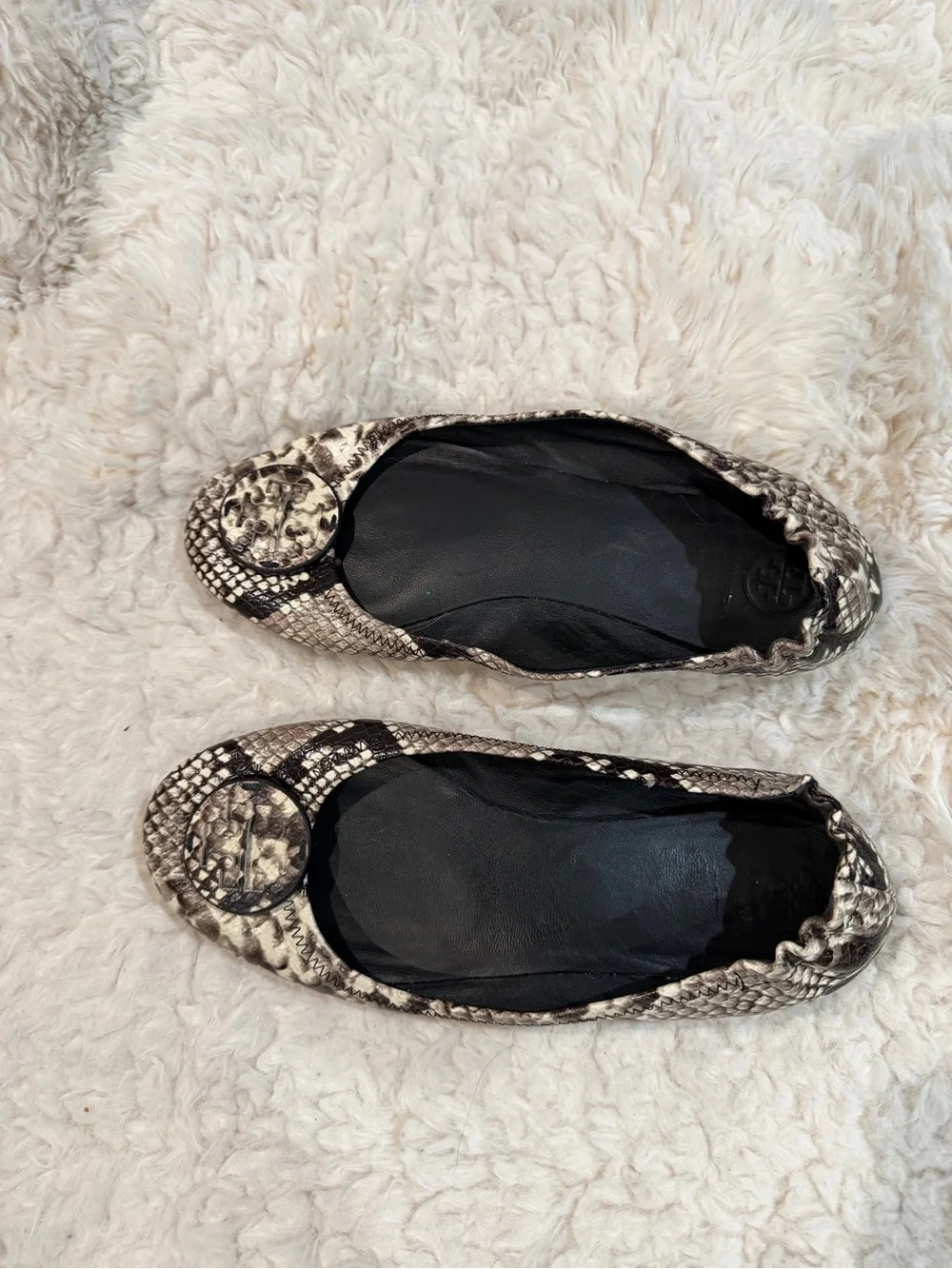 Tory Burch Snake-Print Ballet Flats in Cream and Black